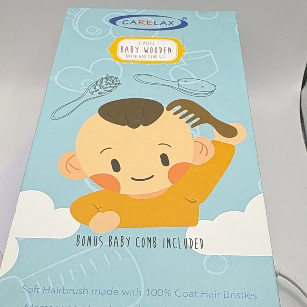 NIB Carelax 3-Piece Baby Wooden Brush & Comb Set - 100% Goat Hair Bristles